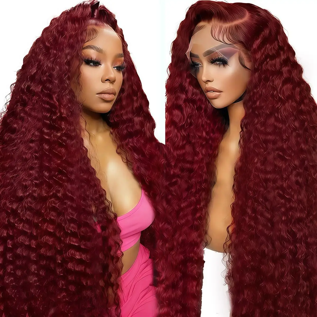 

30 Inch Burgundy Human Hair Wig 13x6 Deep Wave Lace Front Pre Plucked HD Transparent 200% Density Red Curly Wig for Black Women