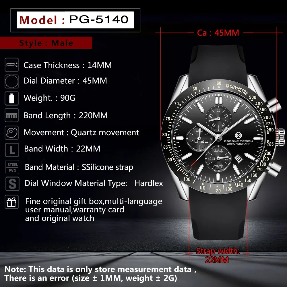 (PAGRNE) PAGANI DESIGN Men\'s Quartz Watches, Waterproof, Luxury, Business, Sapphire, Stainless Steel, Top, 2023, 45mm , 5140