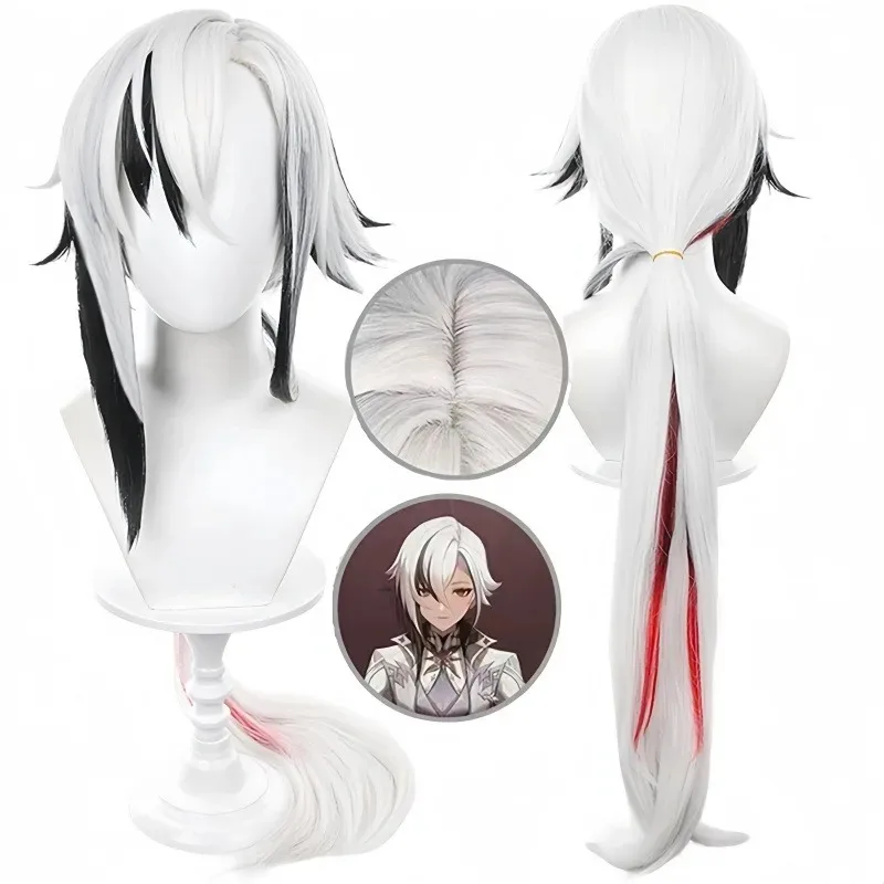 L2025l nova peruca cosplay para genshin impacto arlecchino knave peruca mistura branca cabelo preto tecido sintético para comic con cosplay mostrar