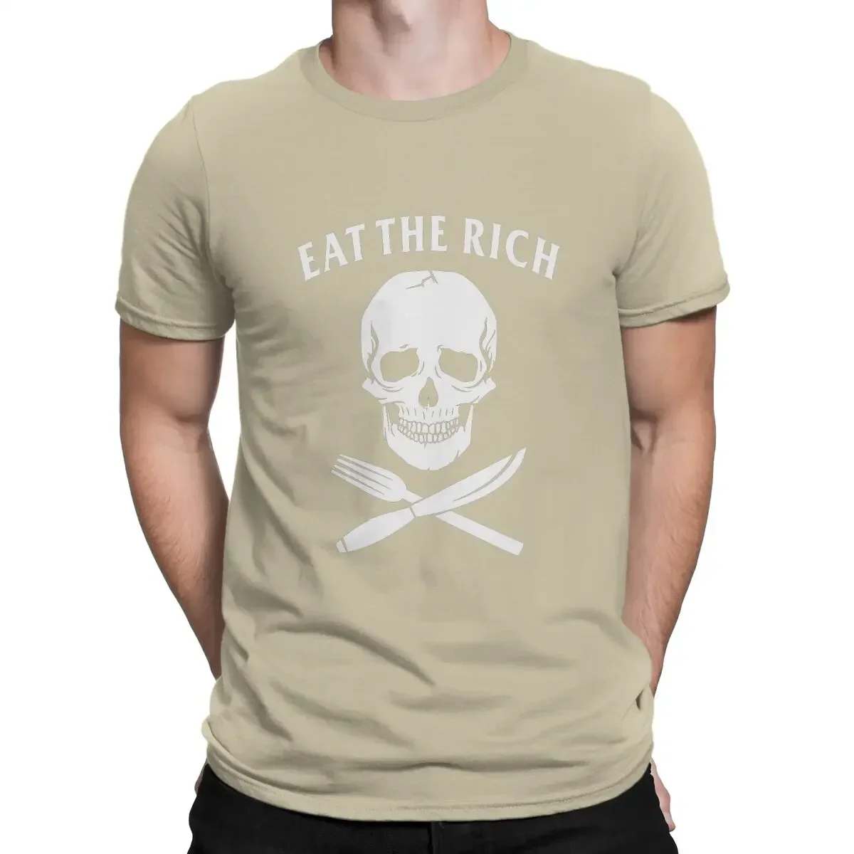 Vintage anime Tee Shirt Short Sleeve Round Neck T-Shirts 100% Cotton Printed Clothing Eat The Rich Men's T Shirts Knife and Fork