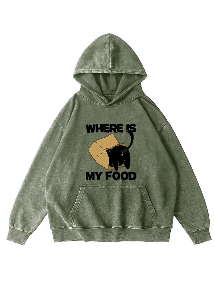 Where Is My Food Kawaii Cat Print Washed Hoodie Женские теплые потертые топы Повседневная хлопковая удобная осенняя базовая толстовка с капюшоном