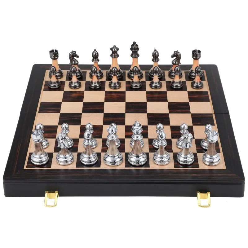 Weighted Chess Set King Tall 3.5 Inch Staunton Silver & Black Anodized Metal Finish Triple Chess Board Wooden Box