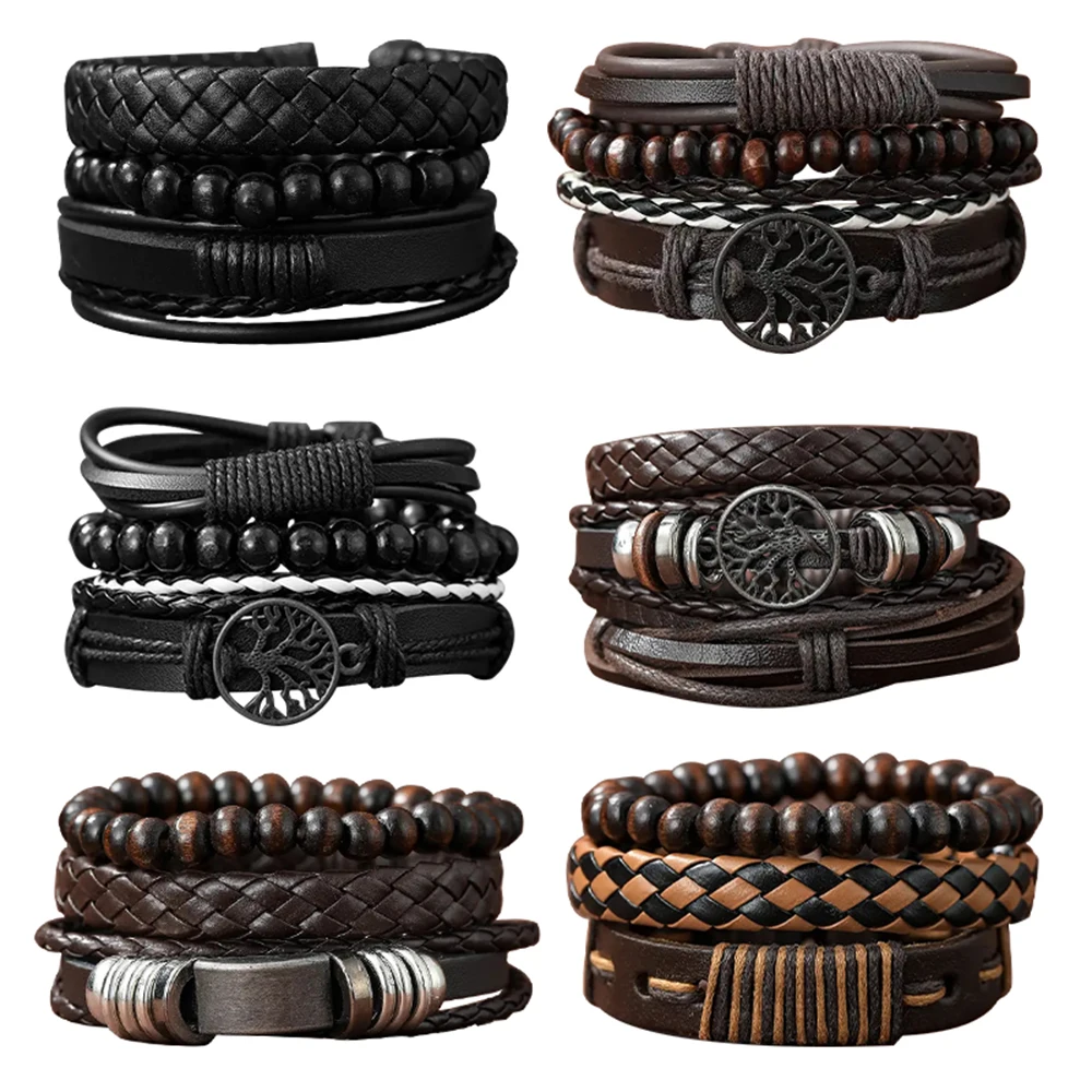 Set Of 3 Black Handmade Woven Pu Leather Bracelet For Men Multi Pack Fashion Vintage Braided Bangle As Birthday Gift