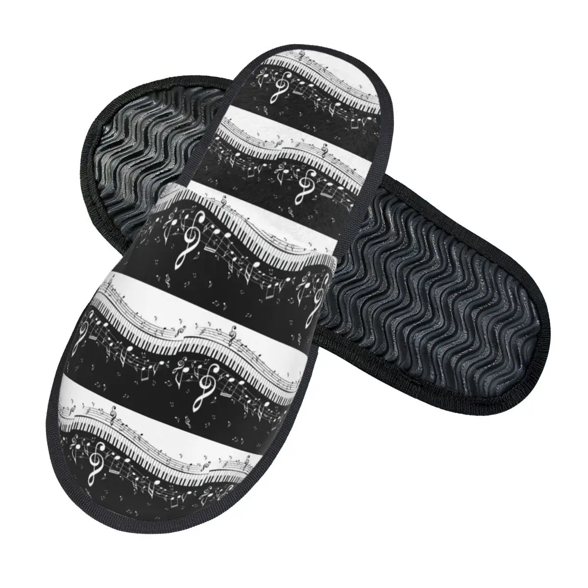 Custom Black White Piano And Music Note Slippers Memory Foam Warm Soft Women House Slipper Bedroom Comfy Shoes