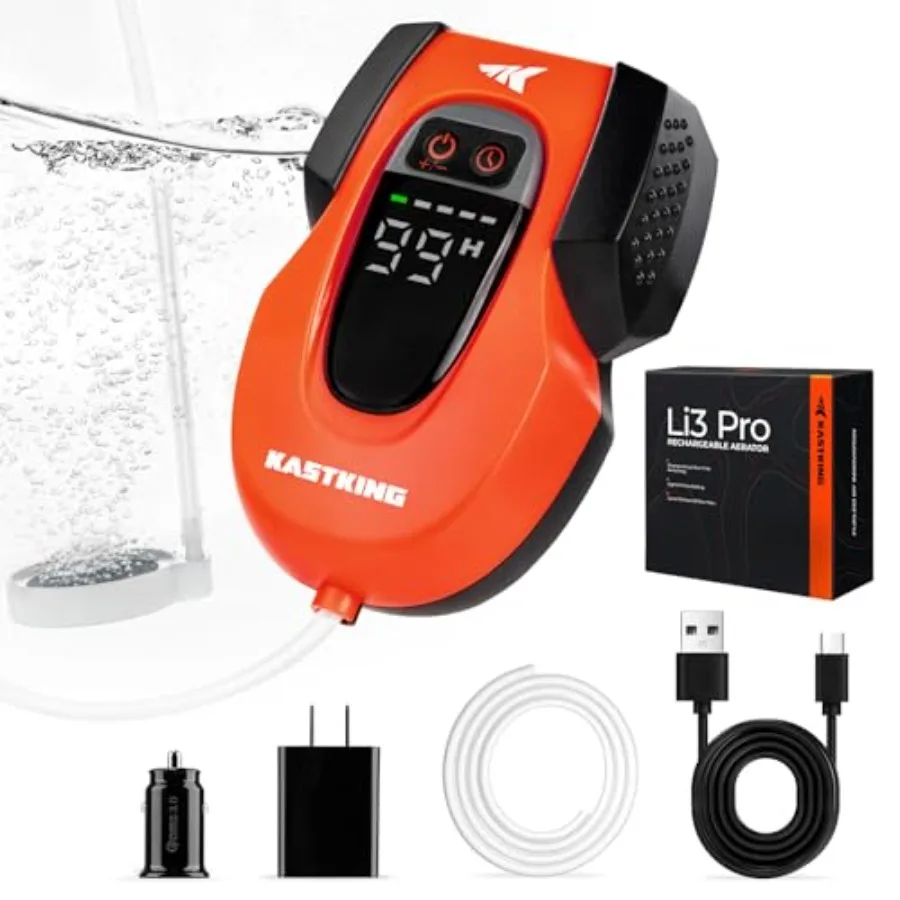 

Rechargeable Live Bait Aerator, Lithium-Ion Battery, LCD Runtime Display, Large Aeration Stone, Aerator for Fish and Bait Bucke