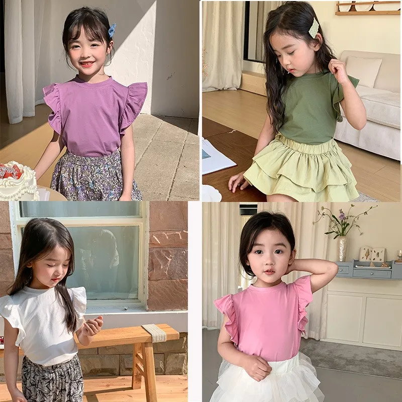 

Girls' Short sleeved Top 2024 New Summer Children's Solid Color Baby Girl Lotus Leaf Sleeve Princess T-shirt