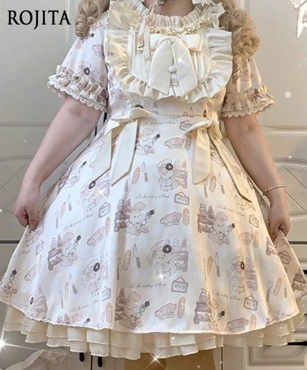 

Lolita Princess OP Dress with Bowknot Puff Sleeves Sweet Lolita Cartoon Print Dress Summer Ruffled Collar Dress for Women
