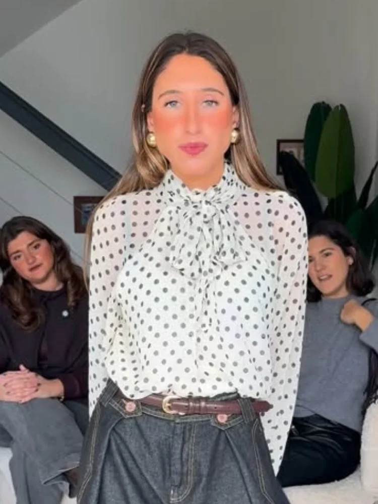 

Women's Elegant Polka Dot Chiffon Shirt Chic Lace Up Long Sleeve Stand Collar Tops 2026 New Lady Dating Daily Office Commute Top