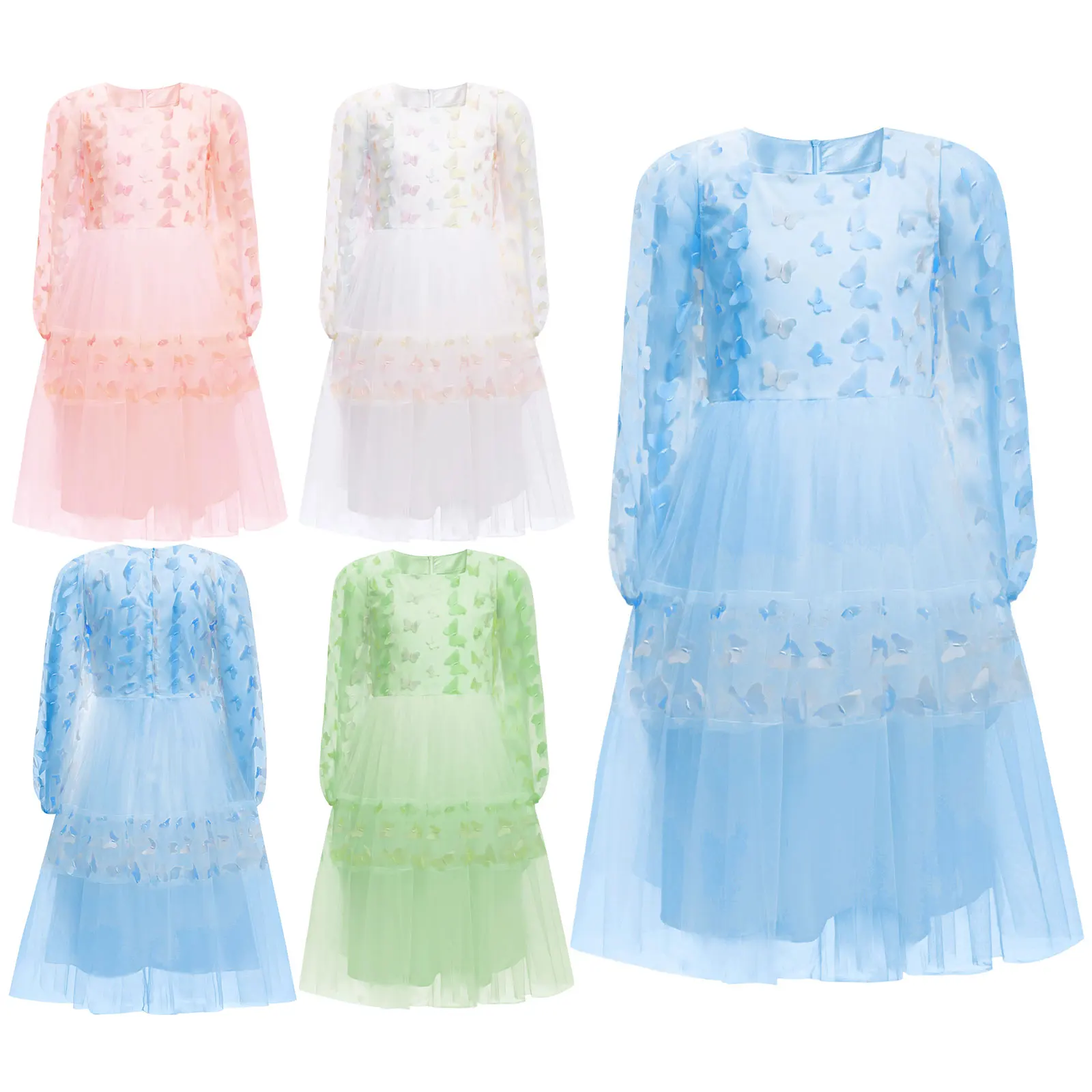 Kids Girls Tulle Party Dresses Square Neck Long Puff Sleeves Butterfly A-Line Dress for Wedding Birthday Holiday