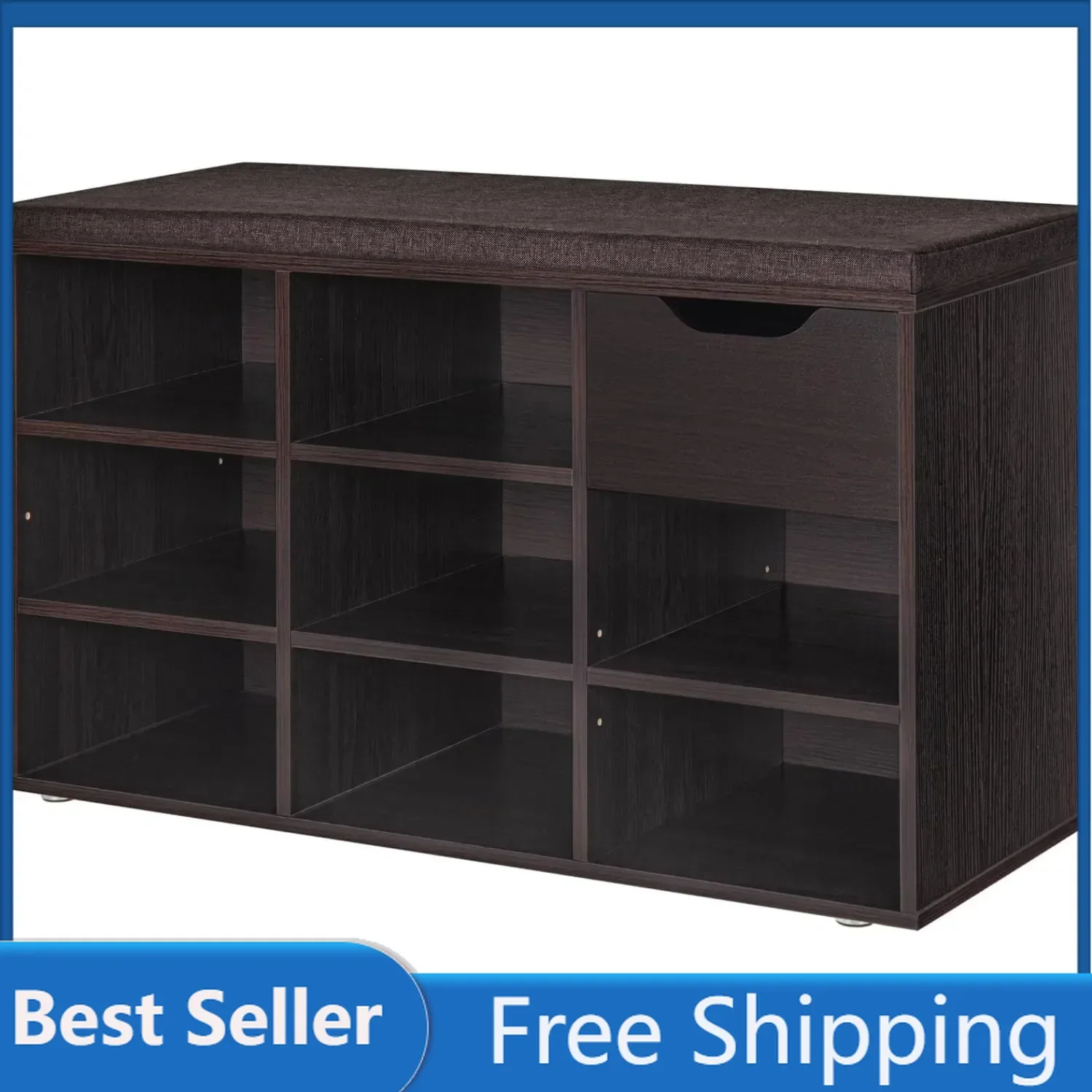 DINZI LVJ Shoe Bench, Entryway Storage Bench with Drawer and 8 Cubbies, Cubby Shoe Rack with Adjustable Shelves