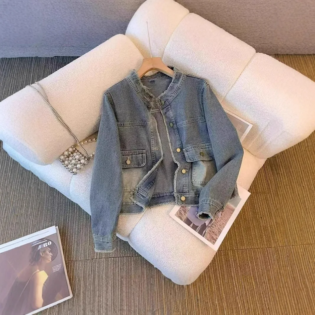 Vintage Washed Raw Edge Denim Women, New Spring And Autumn Korean Style Loose Fit Versatile Short Jacket For Petite Women