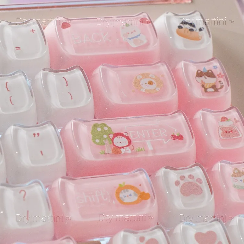 DRY MARTINI Cat Party Crystal Keycaps PC Double-Color Jelly Pudding Cat Ear Ball MAO Height Keycaps for Mechanical Keyboards