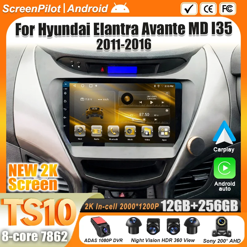 Radio para Auto Android 16 para Hyundai Elantra Avante MD I35 2011-2016, GPS, Navegación Inalámbrica, Sistema Inteligente Android Auto, DSP