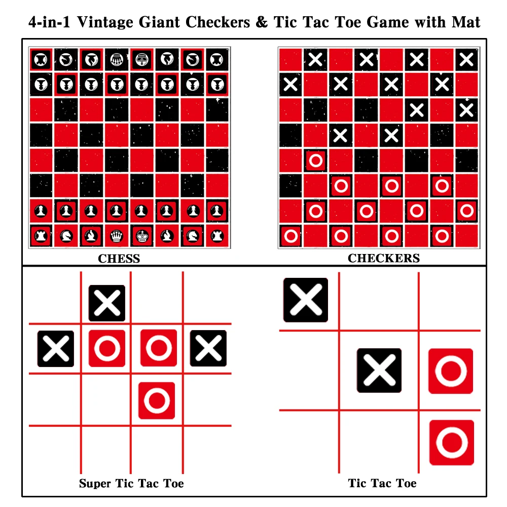 4-in-1 Jumbo Chess Board Game - 4FT Giant Tic Tac Toe, Checkers & More - 100% Machine-Washable Canvas With 4.33inch/11cm Beanbag