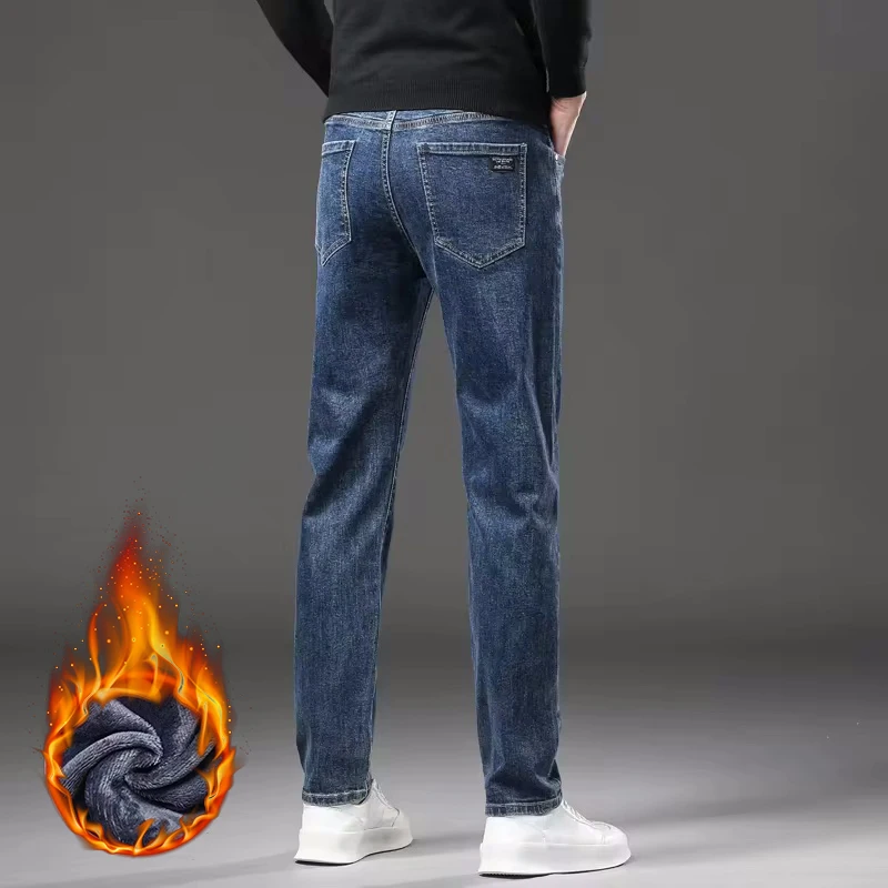 3 cores novas calças de brim quentes de lã masculina inverno grosso veludo negócios clássico fino ajuste calças estiramento casual denim calças masculinas