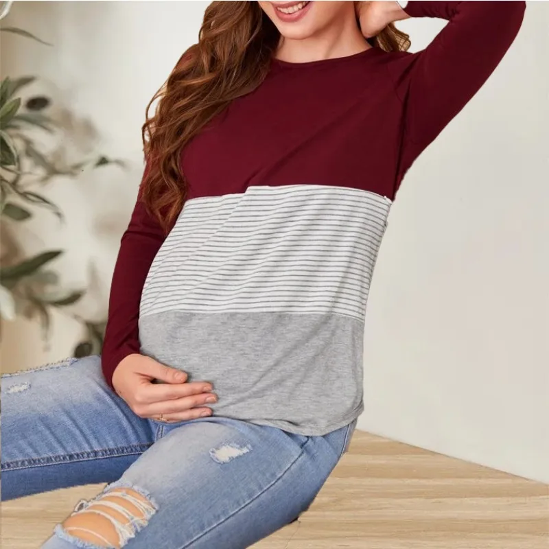 

Весенне-осенняя новая полосатая футболка с длинными рукавами и длинными рукавами для беременных в полоску, мягкая удобная футболка с круглым вырезом