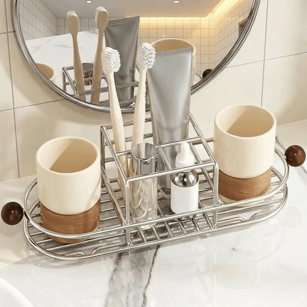 Stainless Steel Toothbrush Holder Waterproof Quick Dry Mouthwash Cup Rack Rustproof Space Saving Toothpaste Rack Desktop