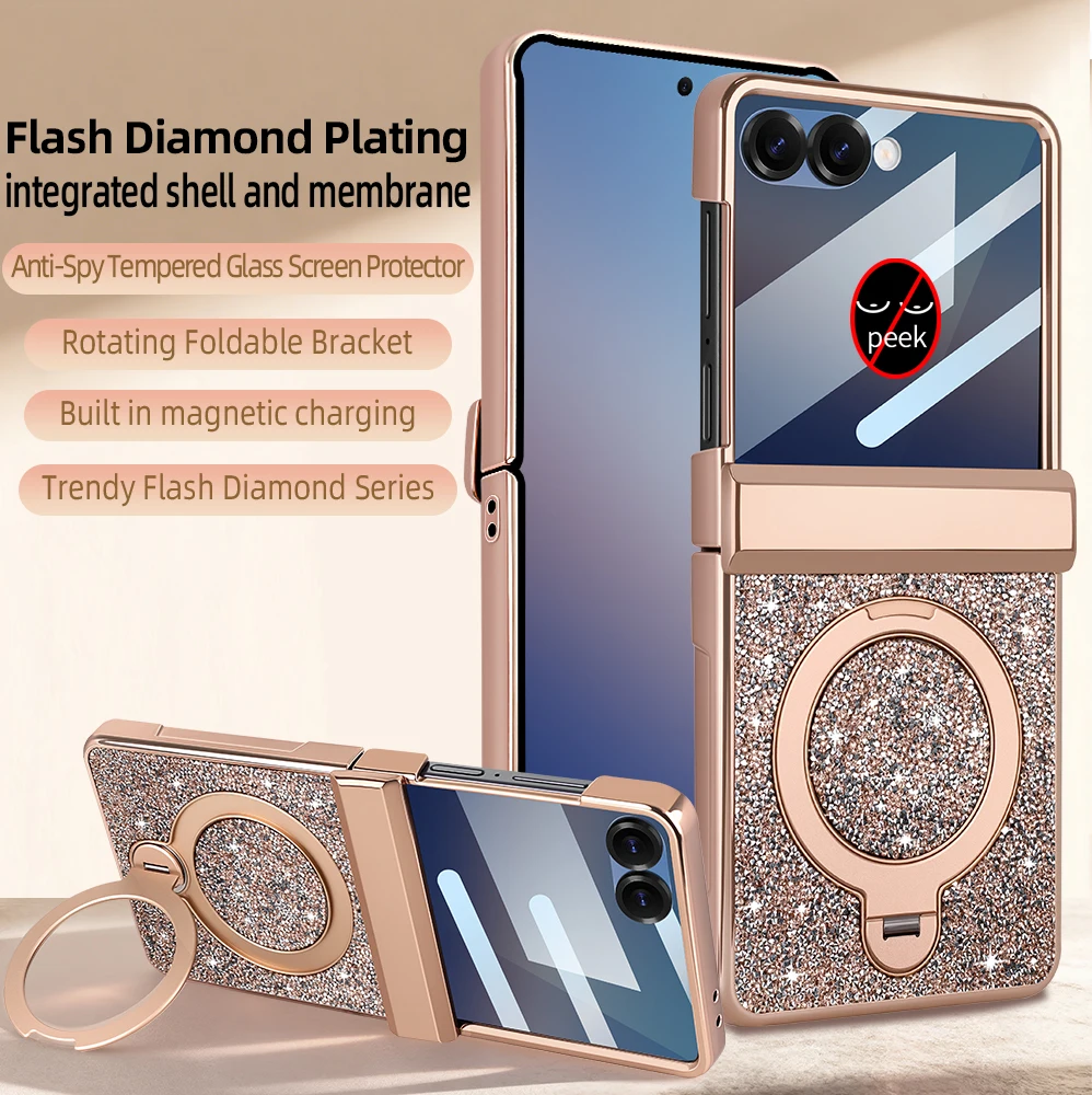 

360 Rotating Bracket Luxury Magnetic Case for Samsung Flip 7 6 Full Protection Tempered Glass Screen Protector Kickstand Cover