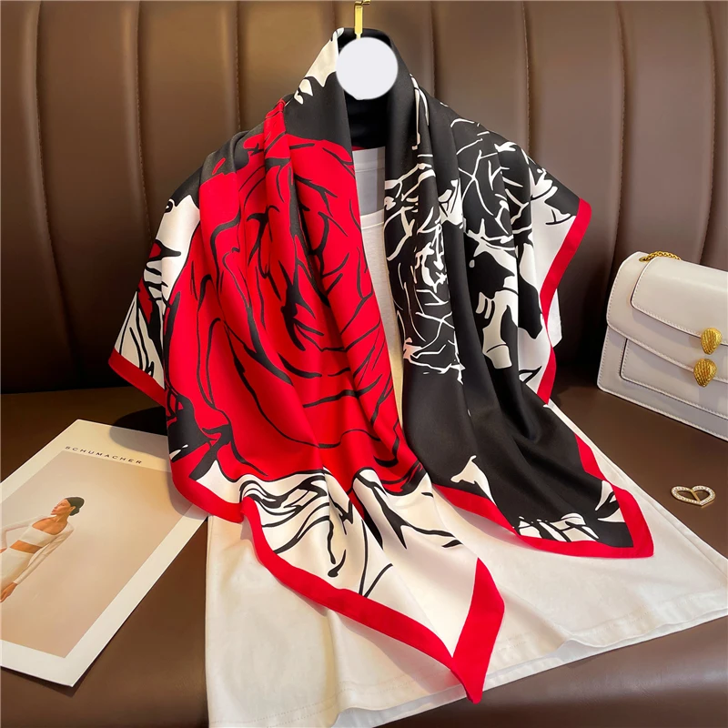 Design Luxury Brand New Twill Silk Scarf for Women Flowers Hijab Bandana Fashion 90cm Square Spring Shawl Wraps Echarpe Foulard