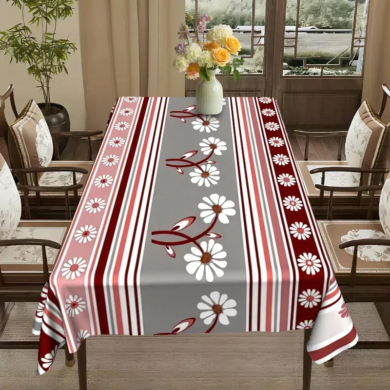 Red and gray striped white flower tablecloth - Retro farmhouse-style rectangular table cover, suitable for the dining tablexzj