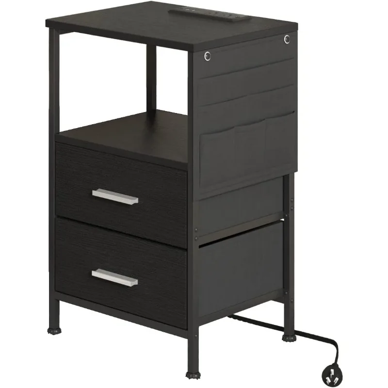 

End Table with Charging Station, Nightstand with USB Port, Outlet and Fabric Bag, 2 Drawers & Open Storage Shelf Side Table