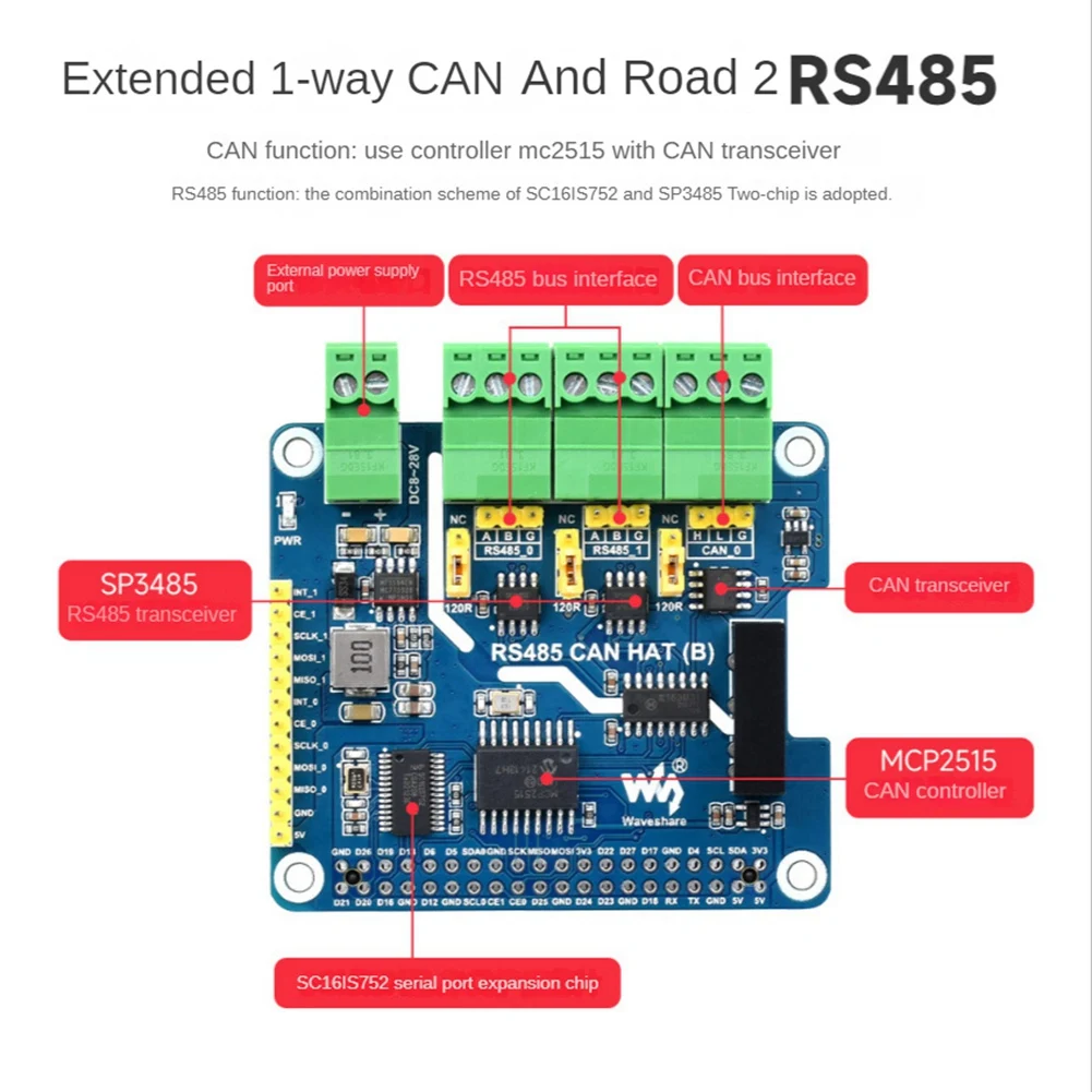 Waveshare RS485 CAN HAT RS485 CAN Expansion Board for Raspberry Pi Allows Stable Long-Distance Communication Via RS485/CAN HOT