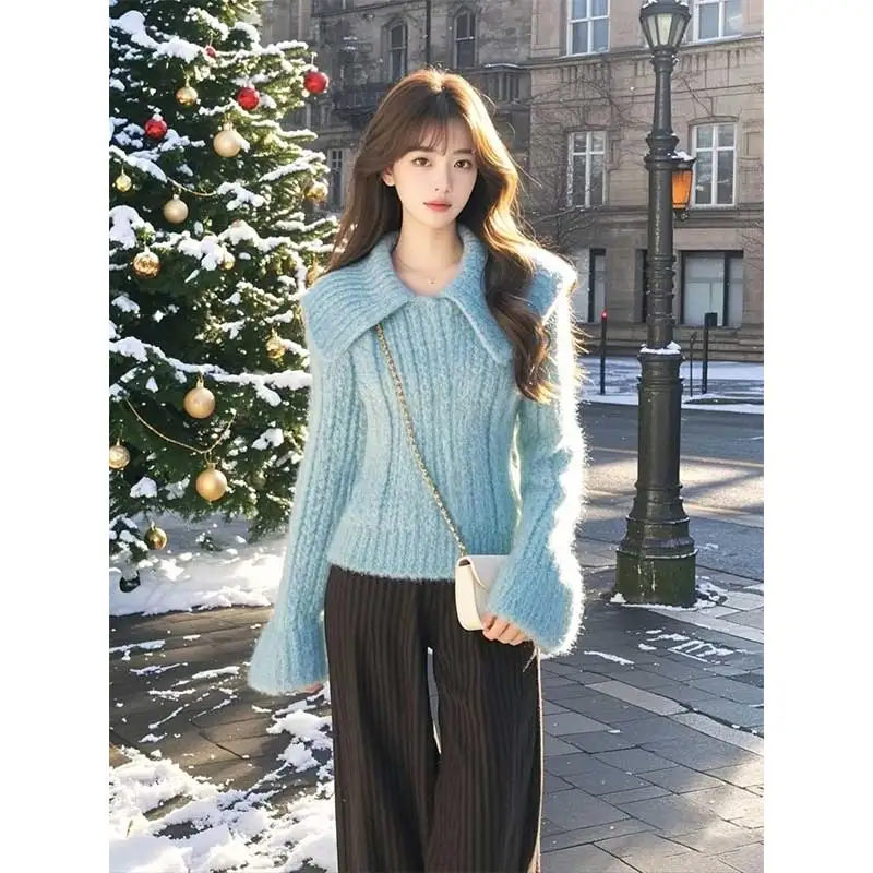 

Women Clothing Spring Autumn Simplicity Office Lady Screw Thread Solid Color Turn-down Collar Female Knitting Sweater Pullovers