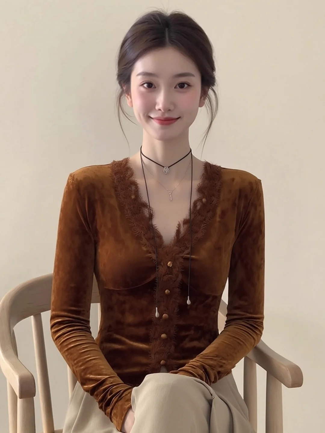 Koreaanse Sle Velvet irt dames herfst winter V-Ne kanten rand innerlijke slijtage faionable lichtgewicht luxe gevoel lang Sve B...