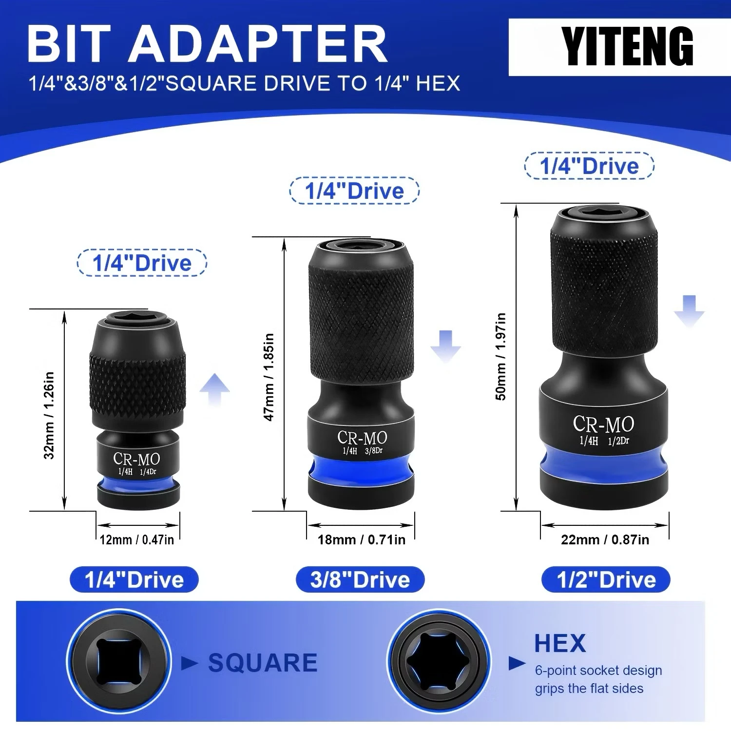 Screwdriver head square drive, impact wrench head hexagonal converter, 1/4 inch quick release hexagonal wrench connector
