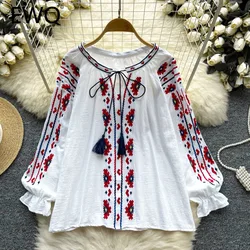 EWQ Fashion Embroidery Flower Lace-up Blouse For Women Round Collar Long Sleeve Casual Gathered Color Clothing 2024 New 27C767