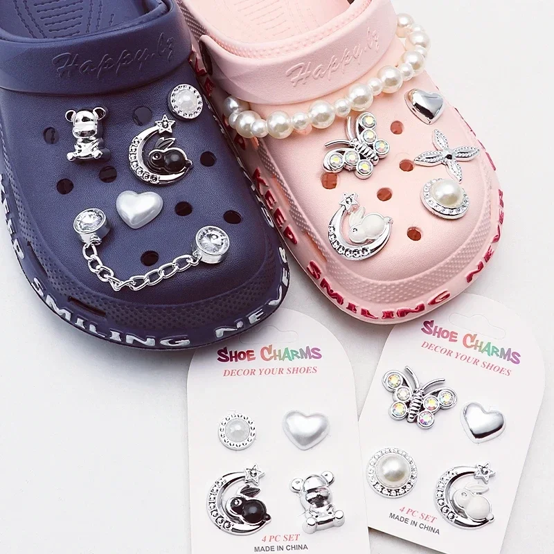 Rhinestone Butterfly Pearl Flower Metal Shoe Charms Set Silver Chain Detachable Decorative Pins DIY Shoe Ornaments for Clog Hole