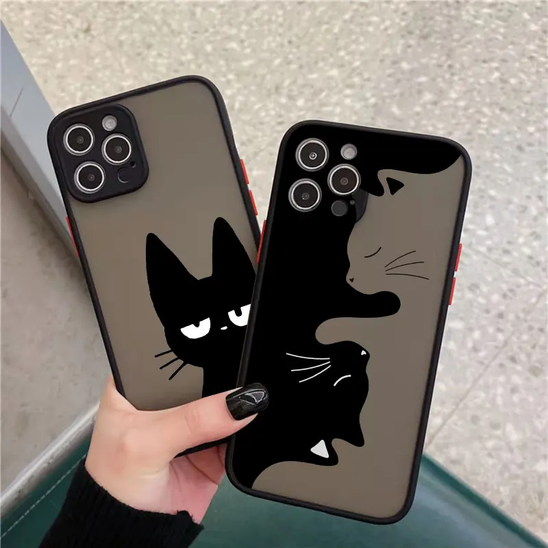 Cute Cartoon Black Cat Phone Case For iPhone 14 13 12 11 Pro Max Mini 17 16 15 Pro Max Plus XS XR X 15 14 Plus Shockproof Cover