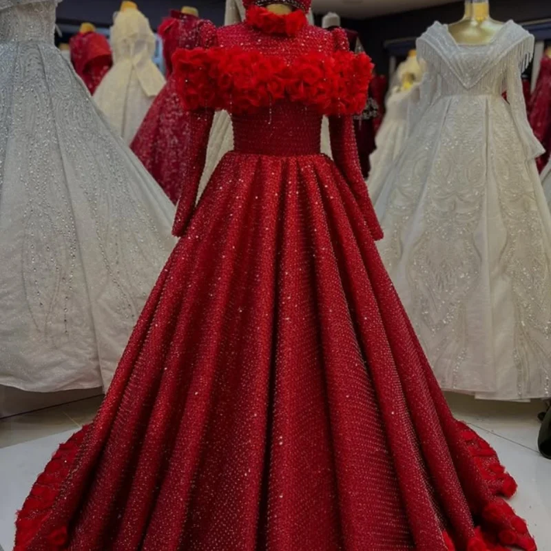 

Customized Shiny Red Quinceanera Dresses Off the Shoulder crystal decal layering 3D flower Long tail Vestido 15 Quinceanera