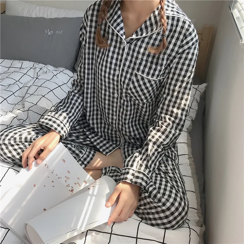 Ladies spring and autumn style net red printed plaid pajamas set lapel long-sleeved trousers 2-piece home service casual pajamas