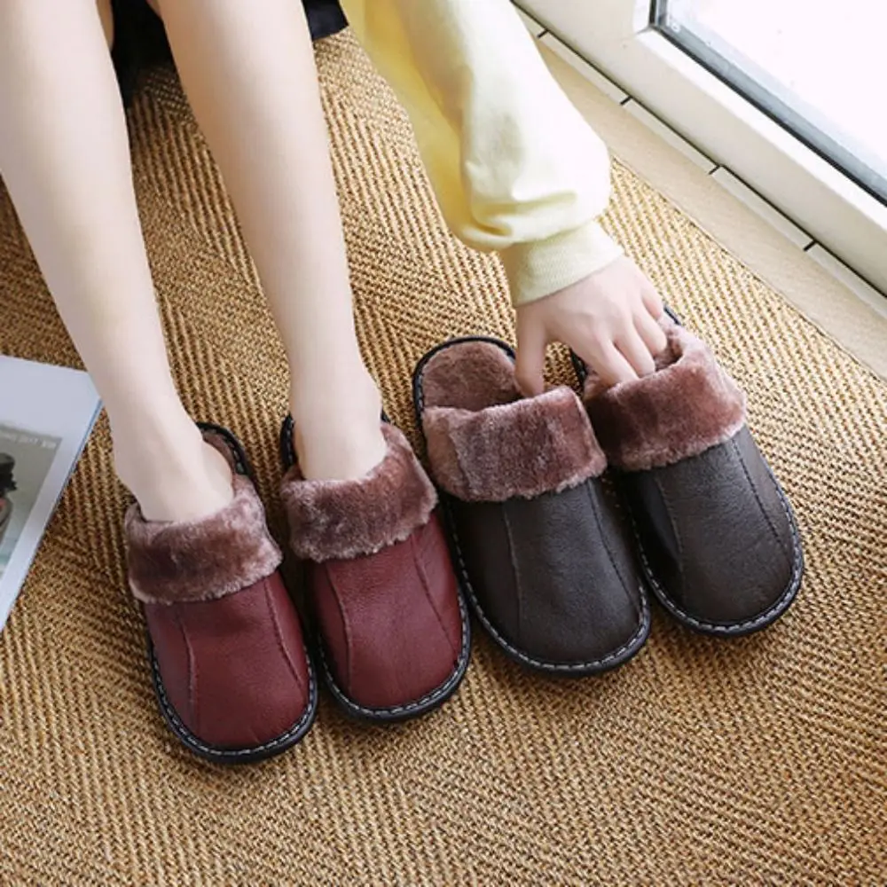 Leather Men Slipper with Fur Solid Colour Fluffy Plush Warm Slippers Anti-skid Thick Sole Soft Sole Home Slippers Indoor