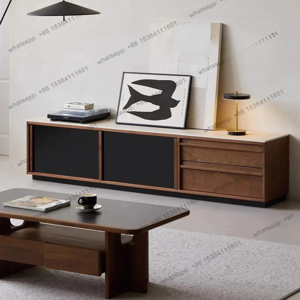 

Medieval solid wood TV cabinet, living room home high-grade North American black walnut floor rock slab locker