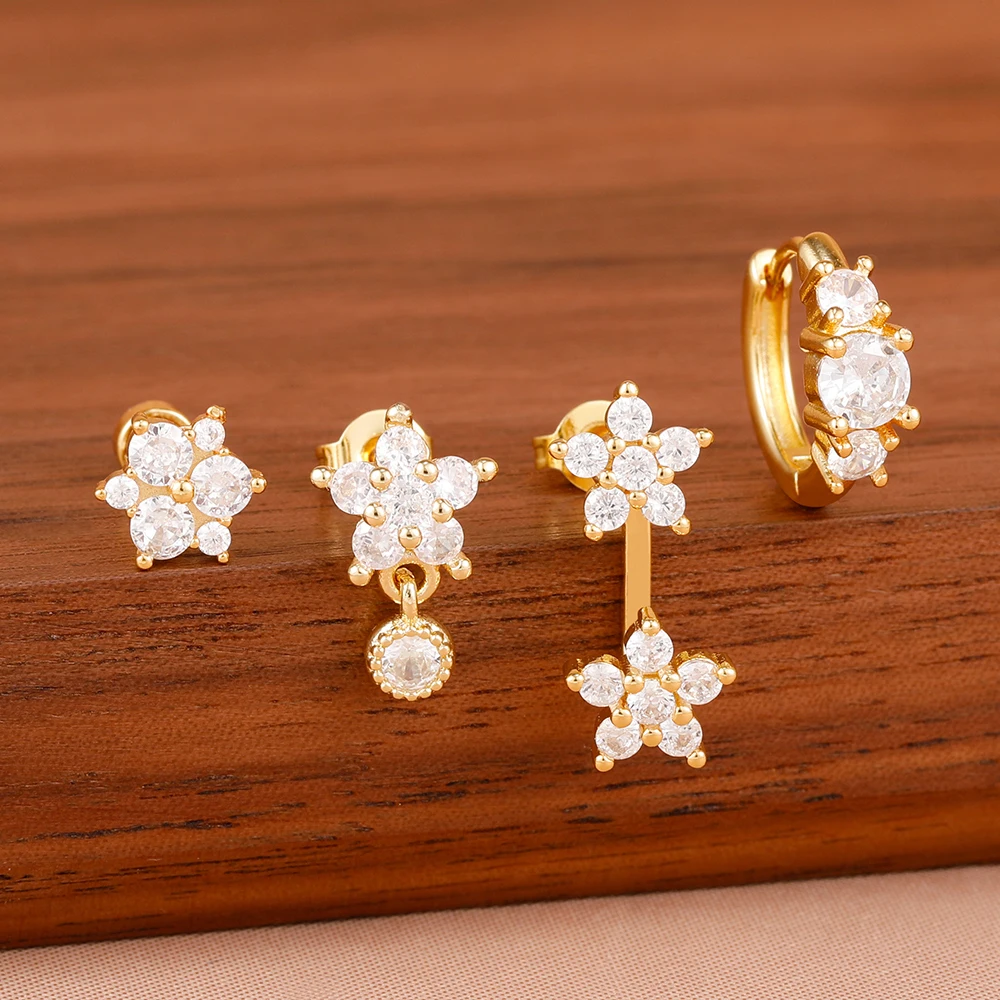 4-teiliges/8-teiliges Set französischer Design-Zirkon-Doppelblumen-Ohrhänger für Damen, geometrische Creolen, koreanischer Modeschmuck – Detail 7