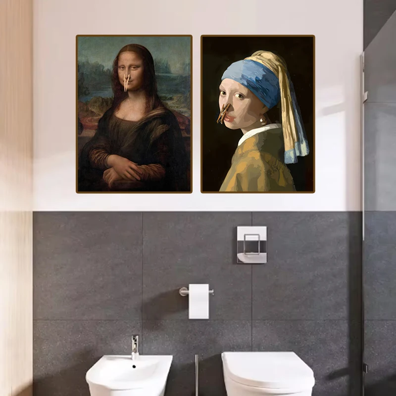 1 peça de Decoração Divertida Abstrata para Banheiro e Casa, Pôster de Parede Sem Moldura com Menina Mona Lisa Excêntrica com Pérolas para Decoração d