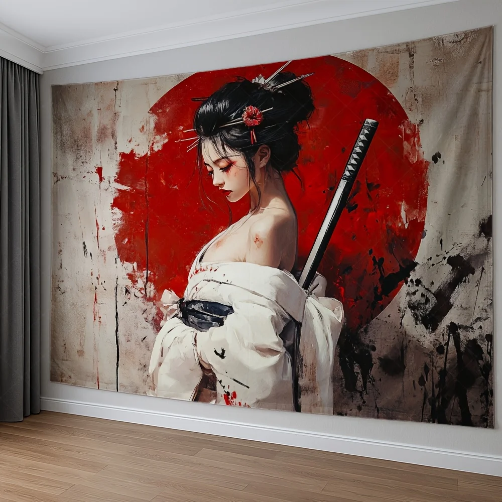 Japanese samurai background-white kimono with sword tapestry, red floral accent woman-living room decorative wall covering