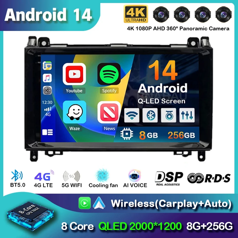 Android 14 Car Radio for Mercedes Benz B200 Sprinter W906 W639 AB Class W169 W245 Viano Vito Multimedia Player 2 Din Stereo DSP