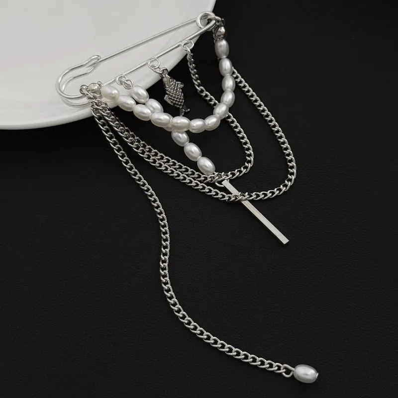 Multi-layer Chain Tassel Imitation Pearl Brooch Multi-functional Decor Pin Chain Trendy Clothing Jewelry Birthday Gift for Women