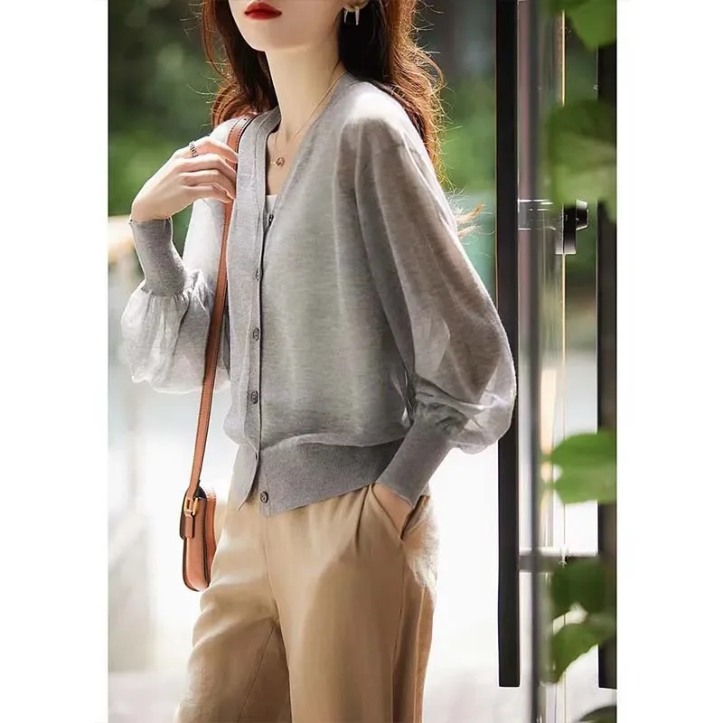 Spring Autumn New Solid Loose Soft Thin Knitted Cardigan Women\'s Clothing V-neck Casual Wool Lantern Sleeve Sweater Commute Top