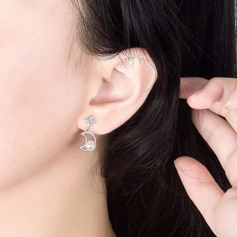 Fashion Moon Star Silver Plated Earrings for Women Mermaid Lemon Flower Clover Butterfly Daisy Pearl Jewelry Gift for Lady Girl