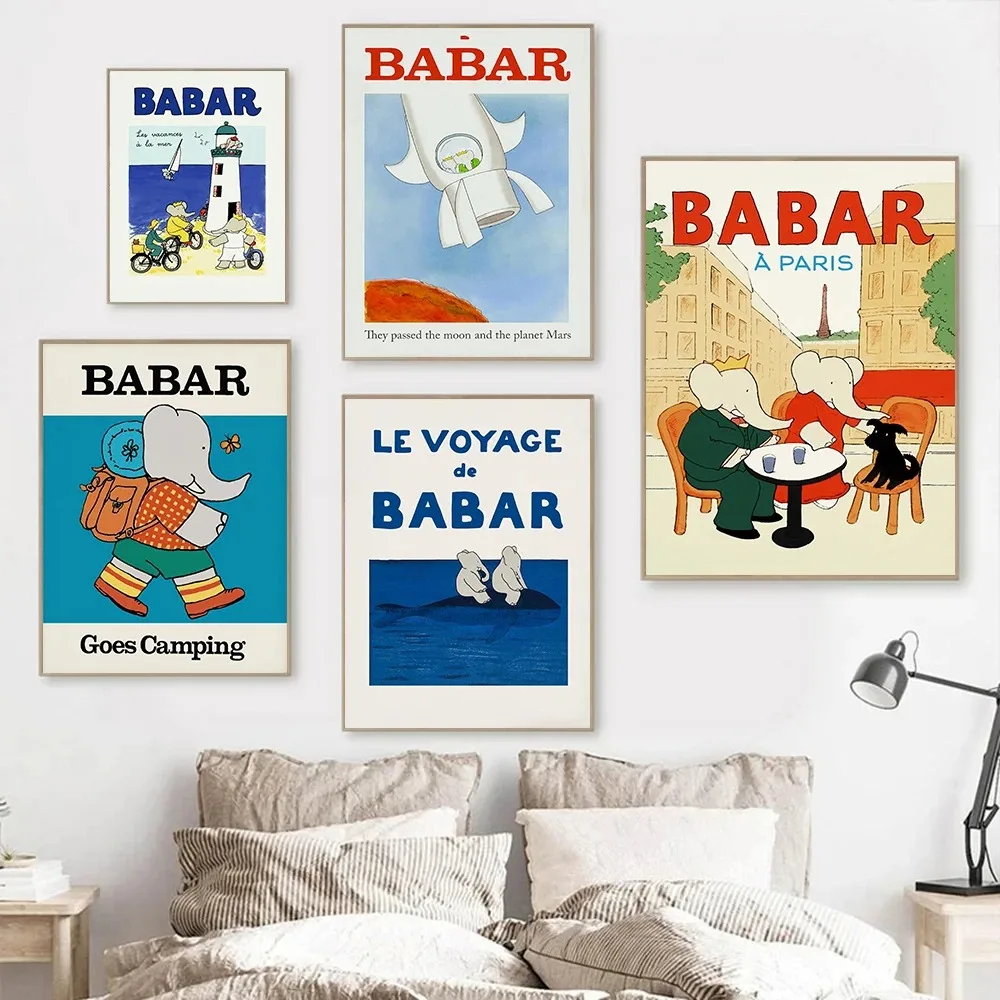 Babar Elephant Cute Elephant Family Retro Poster Canvas Paintings Wall Art Pictures Bedroom Childrens Room Home Decor