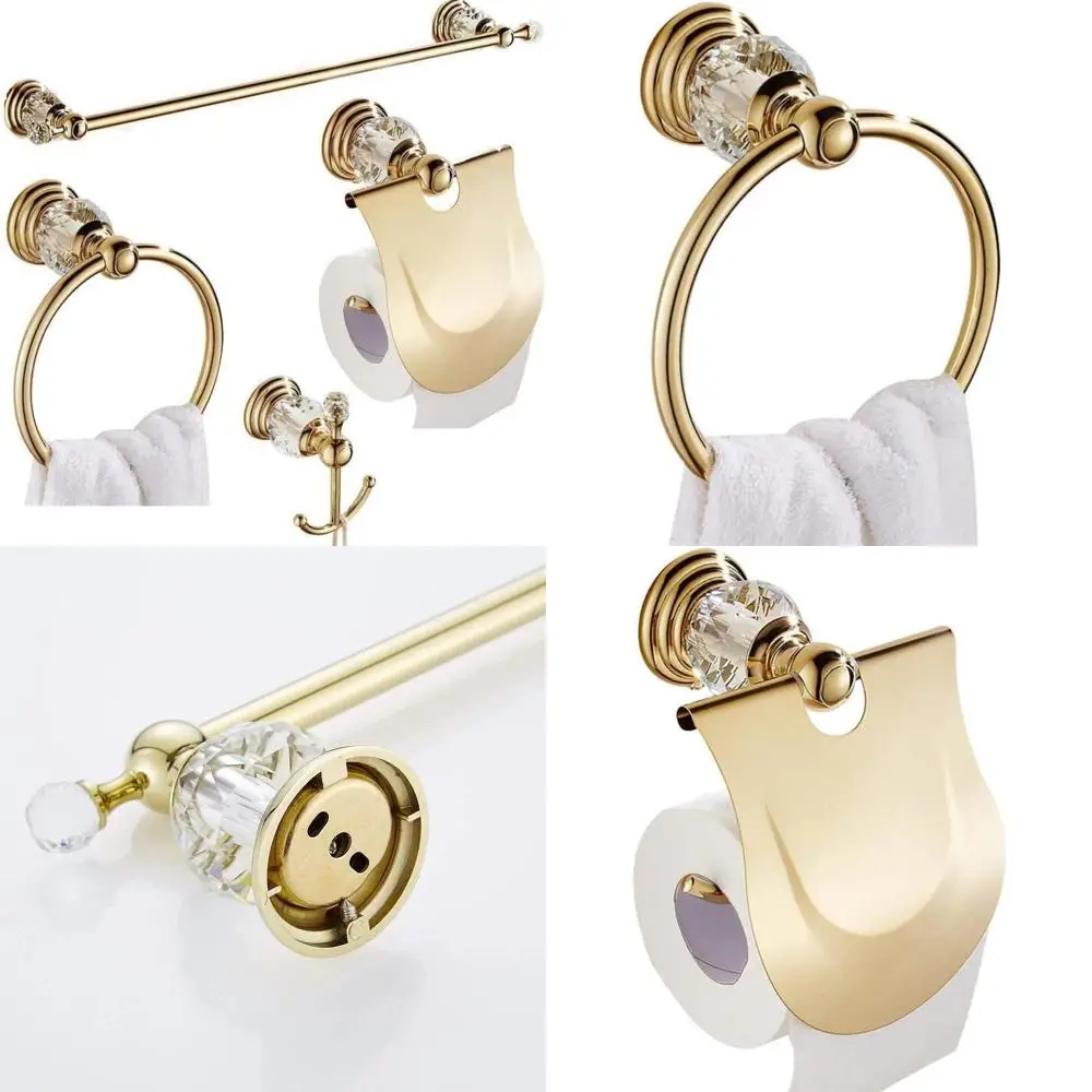 

Golden Wall Mounted Bathroom Hardware Set - Towel Bar, Hand Towel Holder, Paper Holder, Hook, Towel Ring Racks