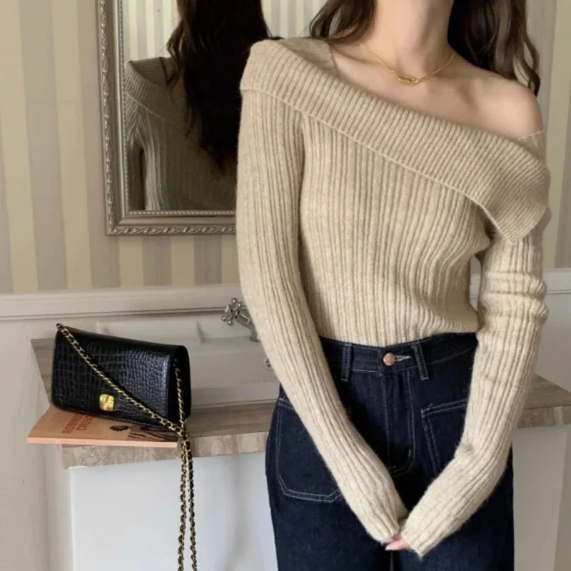 Deeptown Sexy Sweater Women Off Shoulder Tops Elegant Sweet Knitted Pullovers Korean Style Long Sleeve Casual Aesthetics Jumpers