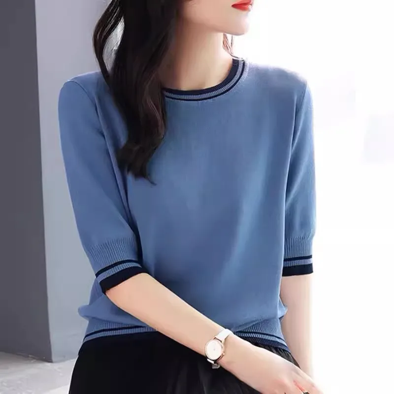 Female Korean New Round Neck Short Sleeve T-shirt Women\'s Underlay Fashion Half Sleeve Knitted Top Thin and Fashionable Pullover