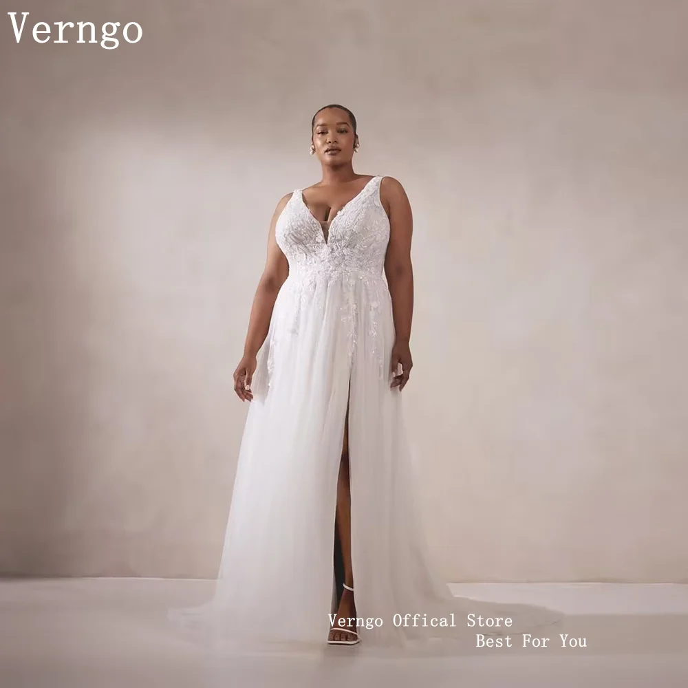 Verngo Plus Size Spaghtti Straps Wedding Dress Appliques 2027 New Lace Floral Bridal Gownsvestido feminino casamento Customzied