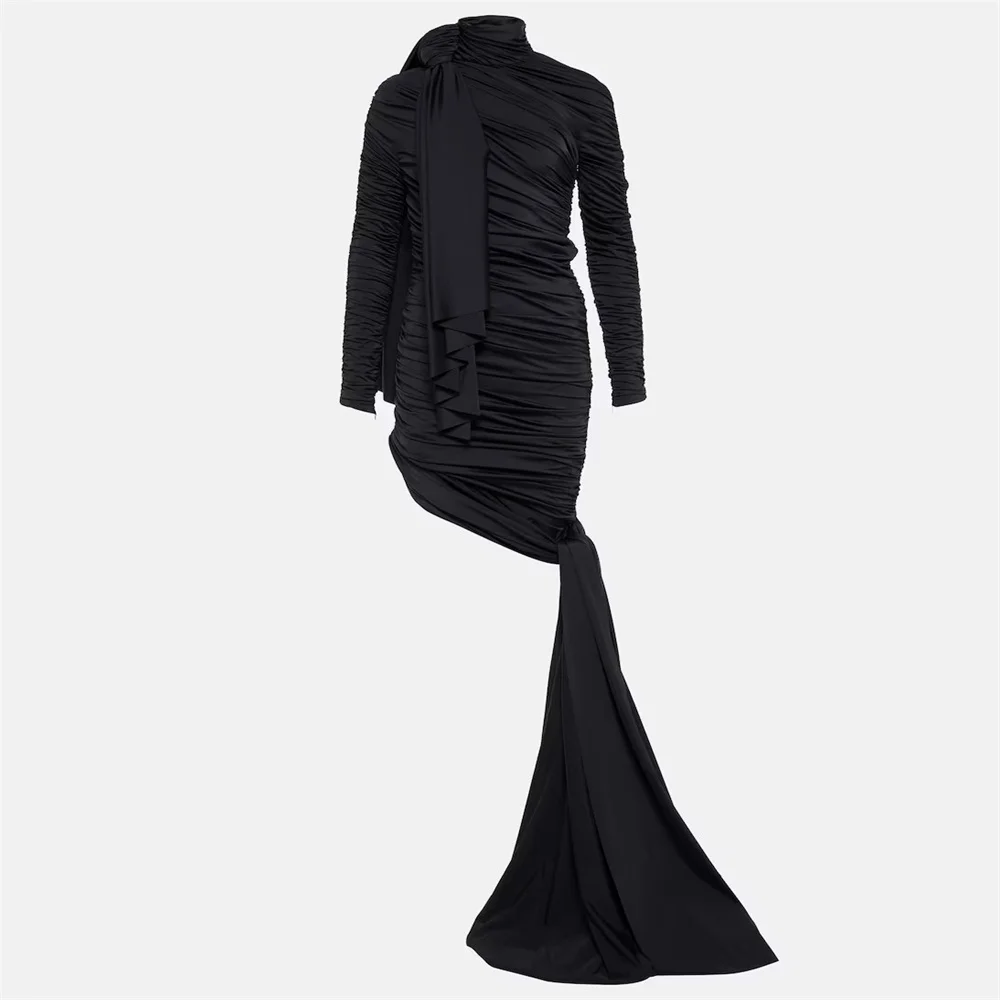 

New Arrival High Neckline Long Sleeves Sheath Evening Dress Elegant Back Zipper Knee Length Asymmetric Hem Gown For Women 2024