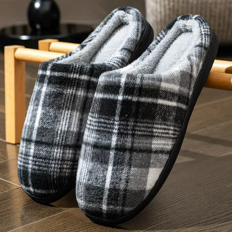 Men's Soft Felt Plaid Home Slippers Are Comfortable and Warm Living Room Shoes, and Winter Indoor Slippers